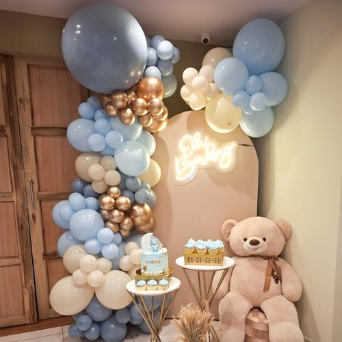 Image of Dusty Blue Beige Balloons, 12 Inch Fog Blue Sand White Balloons with Cream Ivory Metallic Gold Balloon for Baby Shower Boho Bridal Shower Birthday Wedding Engagement Party Decorations Supplies