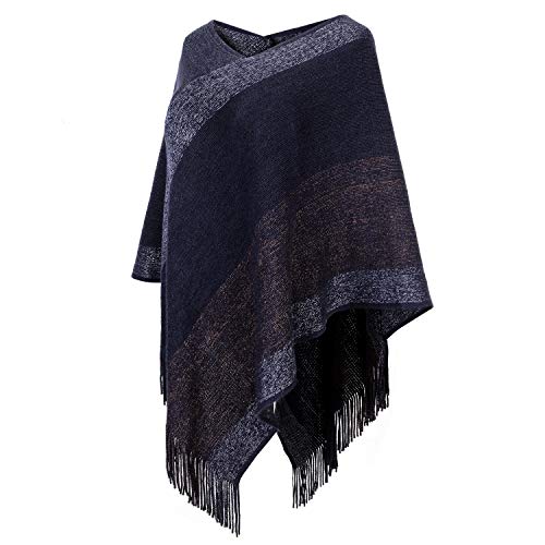 Image of Women's Elegant Knitted Shawl Poncho with Fringed V-Neck Striped Sweater Pullover Cape Gifts for Women Mom