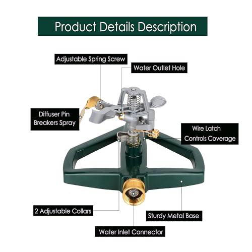 Heavy Duty Metal Pulsating Sprinkler for Yard - 360 Degree Roating Automatic Water Sprinkler for Lawn with Metal Base, Pulsating Impact Sprinklers for Large Area Covers Up to 85‘ Diameter - Image 4