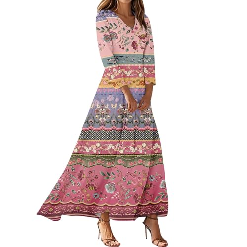 Generisch Herbstkleid Damen Lang Boho Kleid V-Ausschnitt Maxikleid 3/4 Ärmel Blumenkleid Elegante Tunika Kleider Damen Herbst Schickes Lockeres...