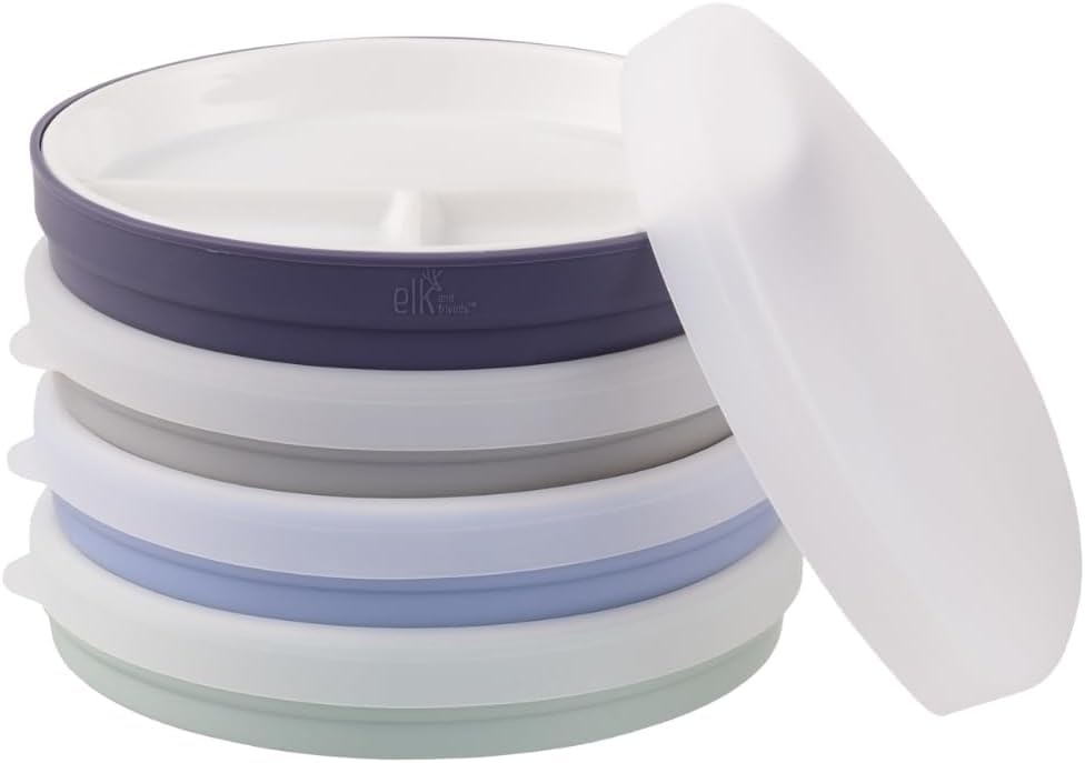 Elk and Friends Kids 7.8” Porcelain White Divided Plates with Silicone Sleeves + Lids, Sage/Gray/Misty Blue/Navy