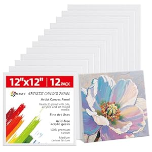 Simetufy Paquete de 12 tableros de lienzo de 12 x 12 pulgadas, imprimados con gesso sin ácidos, 100% algodón, para acrílicos, óleo, acuarela, témpera