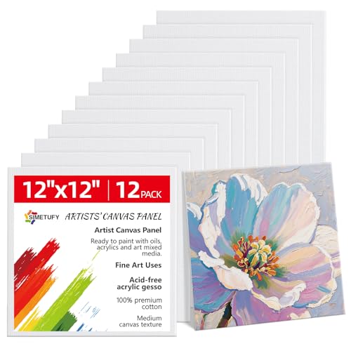 Simetufy 12 x 12 inch 12 Pack Painting Canvas Boards- Gesso Primed Acid-Free 100% Cotton Canvas Panels for Acrylics Oil Watercolor Tempera Paints