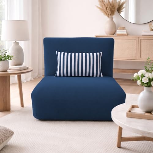 Image of Adorn India Easy Multi Mode 1 Seater Sofa Cum Bed | Velvet Fabric | Blue | Stripes Design | Comfortable Seating | Washable Cover | Perfect for Home & Office