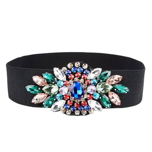 AHANDMAKER Rhinestone Stretch Belt Polyester Elastic Belt Crystal Flower Elastic Belts Rhinestone Flower Waist Belt for Dress Waist Jewelry Accessories for Women