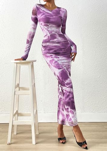 PRETTYGARDEN Fall Wedding Guest Dresses for Women 2025 Long Sleeve Ruched Sexy Bodycon Floral Mesh Cocktail Party Maxi Dress