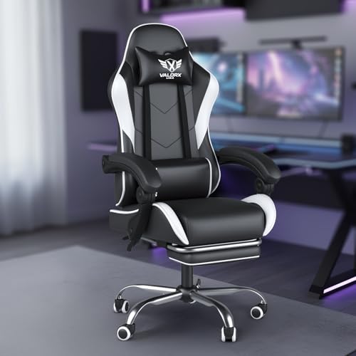 Image of ValorX USA Vector 2026 Edition I Ergonomic Gaming & Computer Chair in PU Leather | Dual Massager Back Cushion | Adjustable Neck & Lumbar Support | Ergo-Sync Armrests | Retractable Footrest (White)