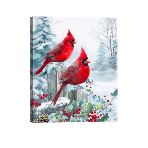 Cardinal Wall Art - Winter Canvas Painting of Red Birds on Branch with Berries, Framed Home Decor for Living Room, Bedroom, Bathroom, Office, Nature Themed Artwork, 24x30 Inch
