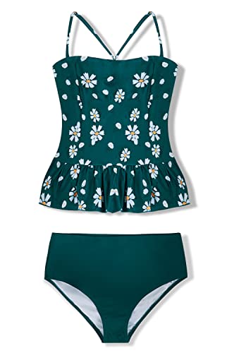 Tutorutor Kid Girls High Waisted Cute 2 Piece Peplum Halter Bikini Sets Ruffle Floral Print Teen Spaghetti Swimsuits
