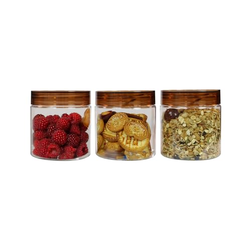 Image of PEARLPET Plastic Containers for Kitchen Storage | Plastic Container Set with Spoon | BPA-Free, Stackable Jars | Brown, 500 ML (Set of 3)