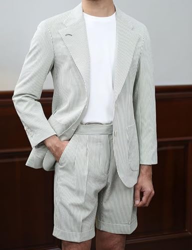 ONAXTDA Seersucker Striped 2 Piece Jacket Shorts Set for Men Single Breasted Notch Lapel Business Wedding Tuxedo3