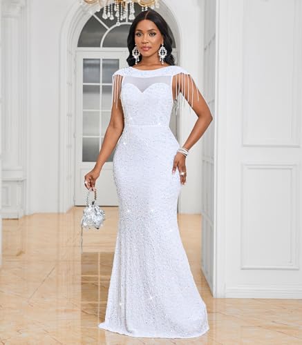 Image of Cololura Women Sexy Sequin Mesh Perspective Bodycon Party Cocktail Evening Gown Maxi Dress