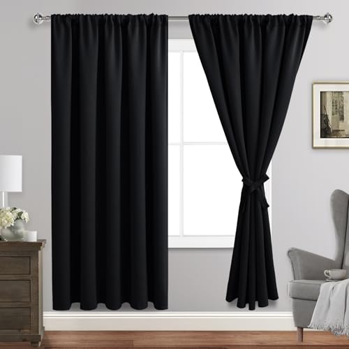 JIUZHEN Blackout Curtains for Bedroom - 60 Inch Extra Wide Thermal Insulated Room Darkening Privacy Soundproof Curtains for Living Room/Dorm Room, Set of 2 Panels, 60 x 72 inches, Black