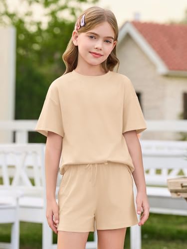 Image of Haloumoning Girls Summer 2 Piece Outfits Kids Oversized T Shirts and Shorts Clothing Sets 5-14 Years
