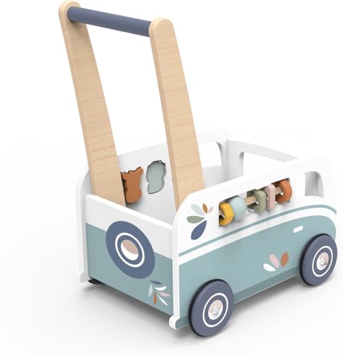 Image of SPEEDY MONKEY Van Multi-Activity Walker for Toddlers 12m+ Wooden Toy | animal shape sorter, activity station, baby push walker, first steps learning, gross motor coordination, imaginative play