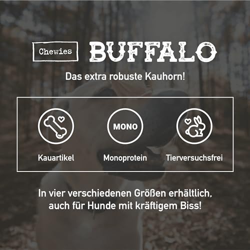 Chewies Büffelhorn für Hunde - gefülltes Kauhorn vom Wasserbüffel - natürliches Kauspielzeug - Zahnpflege und Spielspaß in 1 - Größe XL: Für Hunde bis 35 kg Körpergewicht
