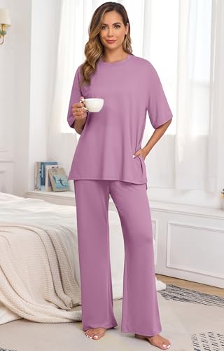 Image of PrinStory Womens Pajamas Sets 2 Piece Lounge Set Short Sleeve Tops and Long Pants Soft Pjs Loungewear with Pockets