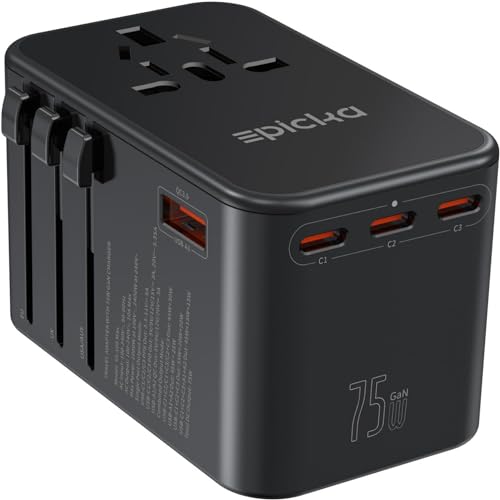 EPICKA Universal Travel Adapter, GaN 75W International Plug Adapter with 3 USB-C PD Fast Charging & 2 USB-A Quick Charging Adaptor All-in-one Wall Charger for USA EU UK AUS (TA-105 Max, Black)