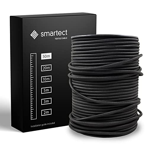 smartect Braided Cable, Black, 50 Metres 3 Core Electrical Cable (3 x 0.75mm²) Vintage Fabric Electrical Wire for your DIY project