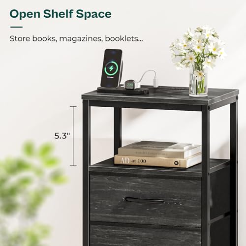 Image of Huuger Nightstand with Charging Station, 27.6 Inch Side Table with Fabric Drawers, End Table Bedside Table with USB Ports and Outlets, Night Stand for Bedroom, Charcoal Black Wood Grain Print