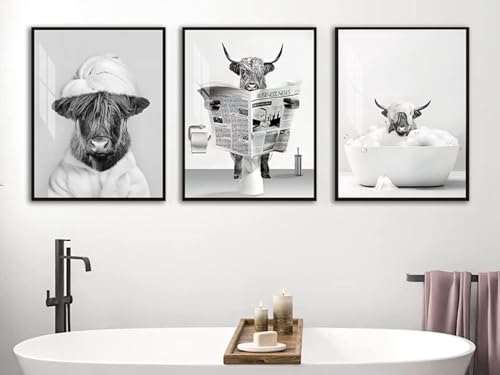 Pósteres de baño de vaca montañosa y monos en blanco y negro, juego de 3 láminas de 30x40 cm