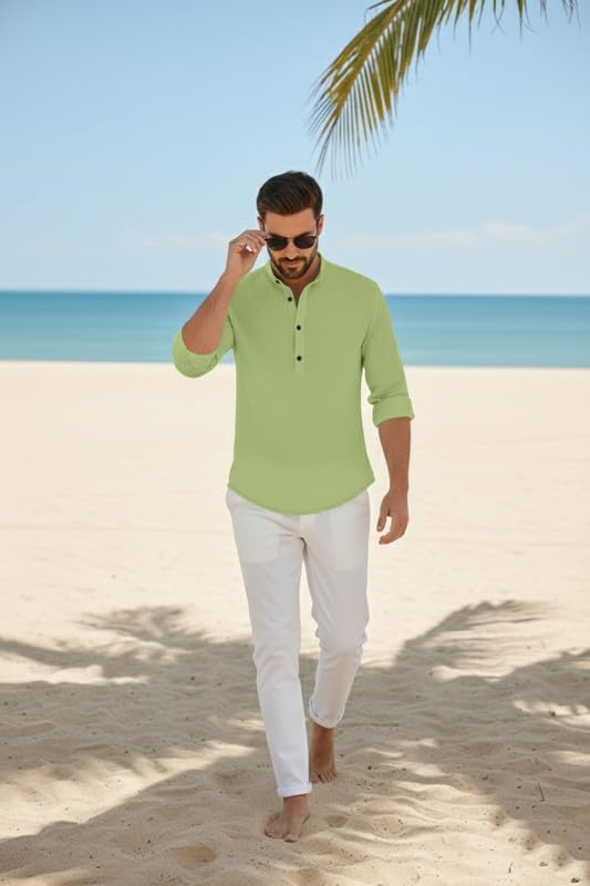 Image of Men's Cotton Blend Short Kurta with Collared Neck Full Sleeves Solid Pattern Western Style Regular Fit and Standard Length