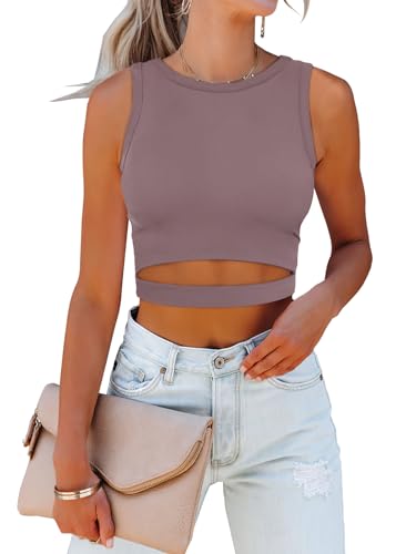 Image of ANRABESS Women Tank Tops High Neck Sleeveless Sexy Cutout Racer Back Going Out Crop Tops Shirts Summer Y2K Outfits