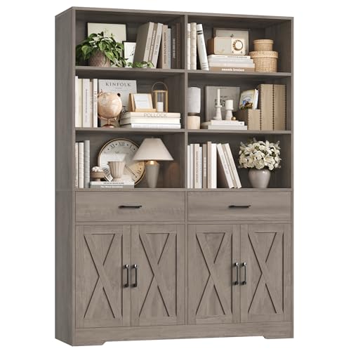 HOSTACK 69' Tall Book Shelf and Bookcase, Wooden Bookcase with Doors, Large Bookshelf with Drawers, Farmhouse Book Case with Storage Cabinet, Bookshelves with Display Shelves for Home Office, Ash Grey