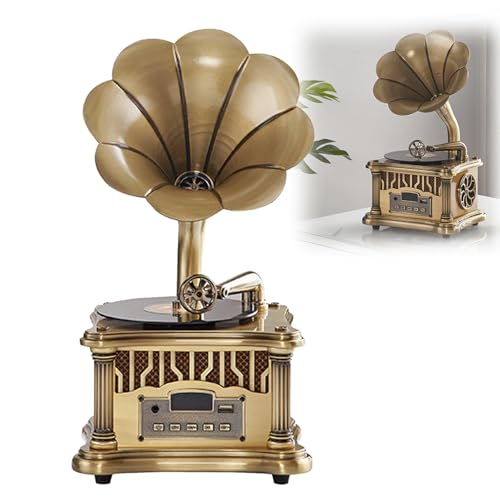 MTTXY Vintage Gramophone with Remote Control, Type C Rechargeable Nostalgic Vintage Gramophone Wireless Bluetooth 5.0 Speaker with FM Radio for Hotels, Clubs, Bars, Yoga Studios,Bronze