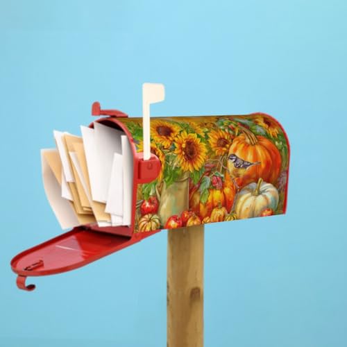 Image of Vintage Fall Mailbox Cover Magnetic 25.5x21 Inch Large Size Rustic Autumn Pumpkins Sunflower Bird Waterproof Mailbox Wrap Post Cover for Thanksgiving Garden Yard Seasonal Decor
