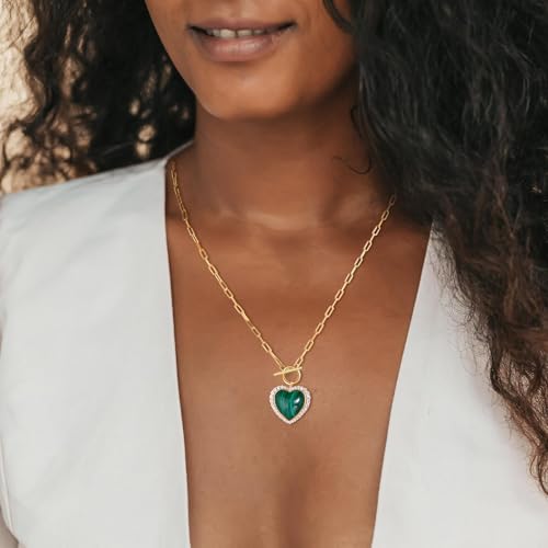 AIBAO 6-18 Cttw Genuine Turquoise/Red Coral/Lapis Lazuli/Malachite Halo Pendant for Women 925 Sterling Silver Paperclip Chain Necklace Western Jewelry2