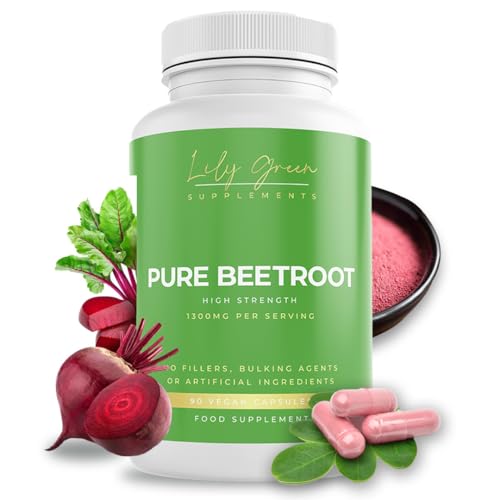 Lily Green Pure Beetroot Capsules | 1300mg Per Serving Beetroot Supplement | Nitric Oxide Boost | Rich in Vitamins & Minerals | Non-GMO No Artificial Additives | 90 Vegan Capsules | Made in UK