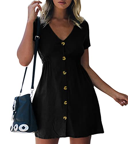 Amzbarley Vestido feminino casual de manga curta de manga curta com botão vestido swing Tamanho M Pr