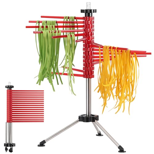 Reviews de Secadores de pasta , tabla con los diez mejores. 50 Navaris Secador pasta - Secador de pasta fresca de Acero Inoxidable para 2 kg de Espaguetis tallarines - Para después de Hacer Pasta en la máquina - Incluye Recetas - Rojo