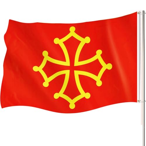 150x90cm Drapeaux Languedoc Drapeau Midi-Pyrénées Grand Drapeau Des Sud-Pyrénées Avec 2 Boutons Pour les Célébrations Extérieures et Intérieures...