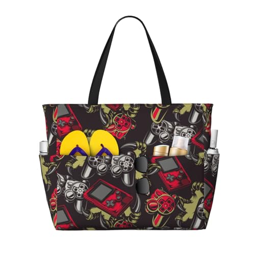 Vintage Gaming Print Large Beach Tote Bag for Women Extra Large Capacity Sandproof Waterproof Pool Bag Suitable for Swimming Pool Gym Groceries Travel