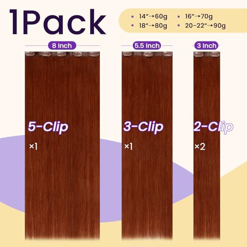 Image of LaaVoo Seamless Clip in Hair Extensions Real Human Hair Auburn Brown Seamless Hair Extensions Clip ins Auburn Brown Seamless Human Hair Clip in Extension Full Head 14 Inch 4PCS /70g