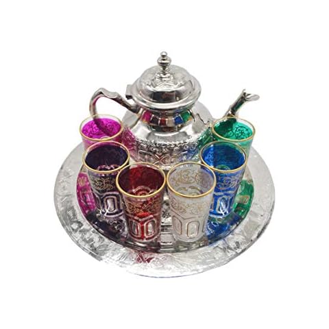 Moroccan Tea Set, German Silver Teapot 800 ml, Flat Tray 30 cm and 6 Coloured Glasses Cover