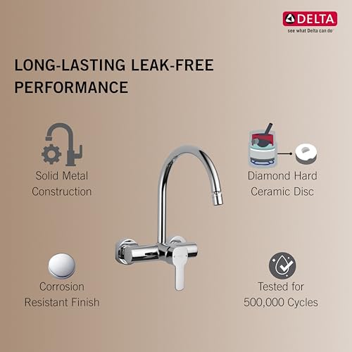 Image of Delta Faucet Wall Mount Kitchen Sink Faucet Mixer I 10 Year Warranty I Aerated Foam Flow Kitchen Faucet I Sink Tap with 360 Spout Rotation I Kami Kitchen Sink Tap I Chrome I 33904
