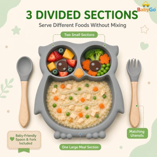 Image of BabyGo Silicone Suction Plate for Babies & Toddlers | 3-Section Owl-Shaped Feeding Set | Strong Suction Cups | BPA-Free, Microwave Safe | Self-Feeding| 1 Plate & 2 Spoons | Grey