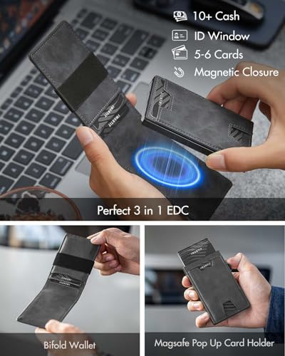 Image of iwantit 3 in 1 Magsafe Wallet Men: Bifold Wallet + Magnetic Wallet for iPhone - Detachable Cash Strap, Smart Pop Up Card Holder, ID Window, Premium Leather (Classic Grey)