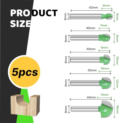 Hugwish 5 Fräser für Oberfräsen, Rundfräser 6 mm, Fräser mit rundem Boden, Holzfräser, Hohlkehlfräser, Kugelkopffräser Holz 6mm / 8mm /10mm / 12mm / 18mm