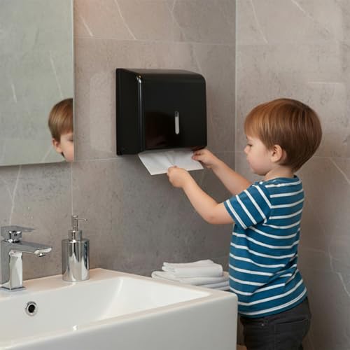 Image of Amazon Basics Wall-Mounted Multifold Paper Towel Dispenser | ABS Plastic | Black | 25.3L x 19.5Hx 9.1D cm