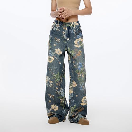 Women's Floral Baggy Jeans Y2k Aesthetics Wide Leg High Waisted Denim Pants Vintage Flower Graphic Grunge Trousers2