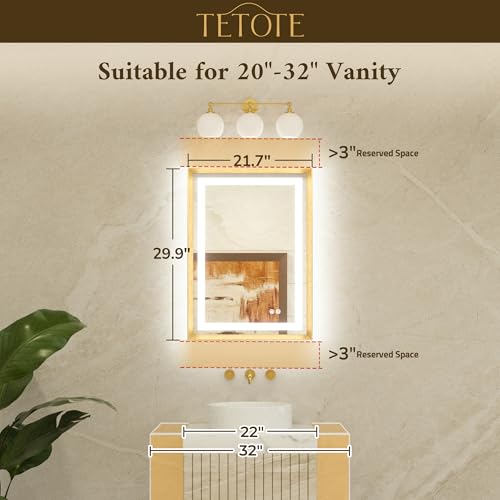 TETOTE 22 x 30 Bathroom LED Mirror Brushed Bright Nickel Metal Frame Frontlit & Backlit Vanity Mirror Anti-Fog Stepless Dimmable 3 Colors White/Warm/Natural Mirror with Lights Wall-Mounted