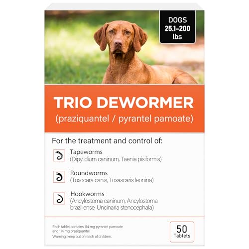 Trio Dewormer for Dogs Tablets for Tapeworms Roundworms & Hookworms Pyrantel Pamoate/Praziquantel for Medium and Large Dogs Over 25 lbs 50 Tablets