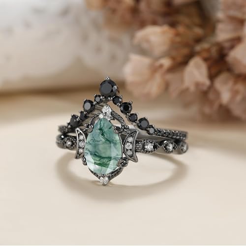 Black Gold Plated Natural Moss Agate Bridal Wedding Ring Sets for Women, 925 Sterling Silver Gothic Vintage Promise Rings and Eternity Black Spinel Band for Her - Boho Art Deco Platinum Plated Engagement Rings Size 4-93