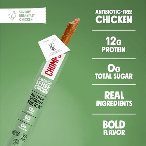Image of Chomps Savory Breakfast Chicken, Antibiotic Free, 10ct, Protein Snack Stick | Keto, Paleo, Gluten Free Chicken Stick, Zero Sugar Food, Whole30 approved, Low Carb Snack, On-The-Go Nutrition, 12g Protein