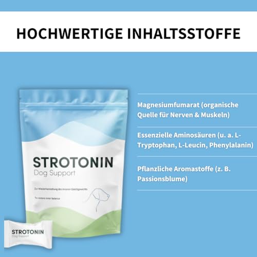 Strotonin Dog Support – Ergänzungsfuttermittel für Hunde, In Stresssituationen wie Autofahrt, Reisen & Alltag, Alternative zu Beruhigungsmittel für Hunde, Baldrian, CBD Öl -Made in Germany - 10 STK