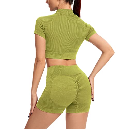 Women's Yoga Workout Sets 2 Piece Seamless Ribbed Short Sleeve High Neck Crop Top Tummy Control Butt Lifting High Wasit Shorts Sets Tracksuit Sportwear #2 Green Medium #TOP7